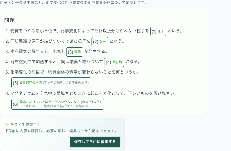 上の依頼からAIで作ったテストの確認画面。原子・分子や質量保存の法則を問う穴埋めと選択の6問と、「テスト生成完了!」「保存して自由に編集する」ボタンが表示されている